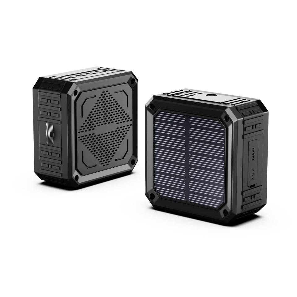 ABFOCE solar speaker front view showing rugged design and clear audio