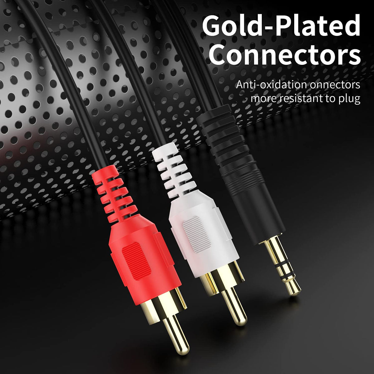 RCA Y-splitter with 3.5mm male connector for clean dual-channel output.