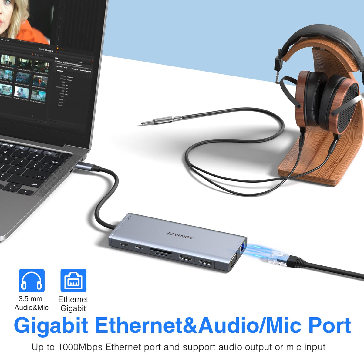 ABIWAZY dock with ethernet cable and headset connected for reliable wired network and audio