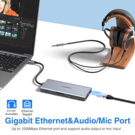 ABIWAZY dock with ethernet cable and headset connected for reliable wired network and audio