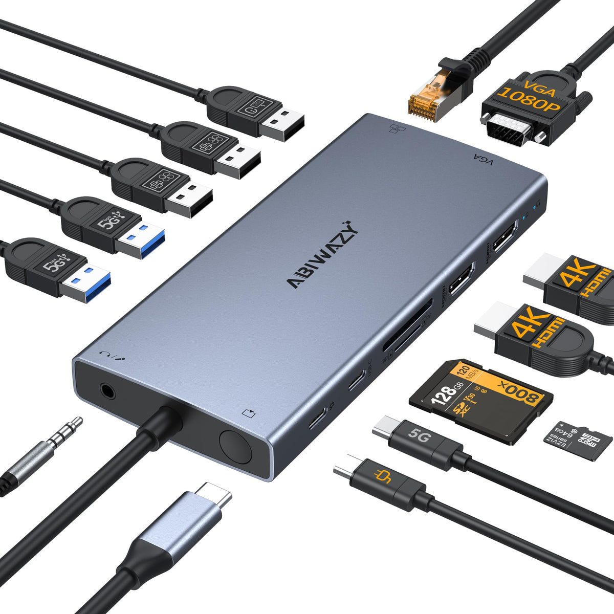 ABIWAZY front view showing all ports and compact hub, simplifies desktop connectivity