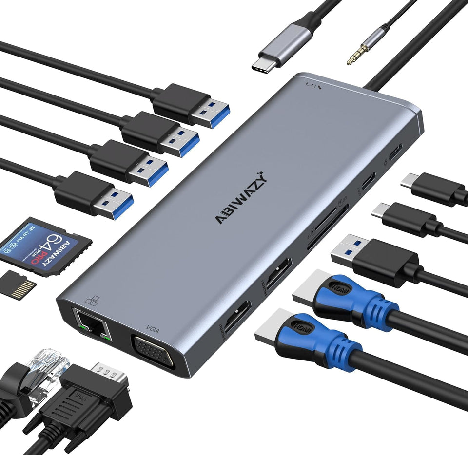 ABIWAZY front view of dock showing all ports and compact design, simplifies desk setup