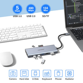 ABIWAZY dock next to laptop showing compact scale and portable workstation convenience