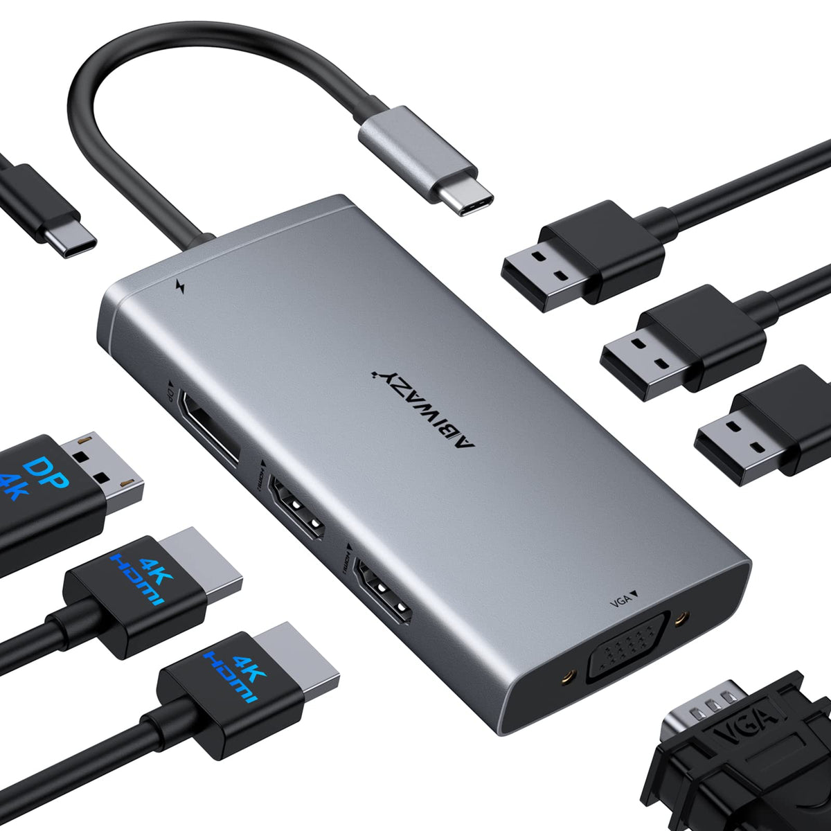 ABIWAZY front view showing all video and USB ports for expanded productivity