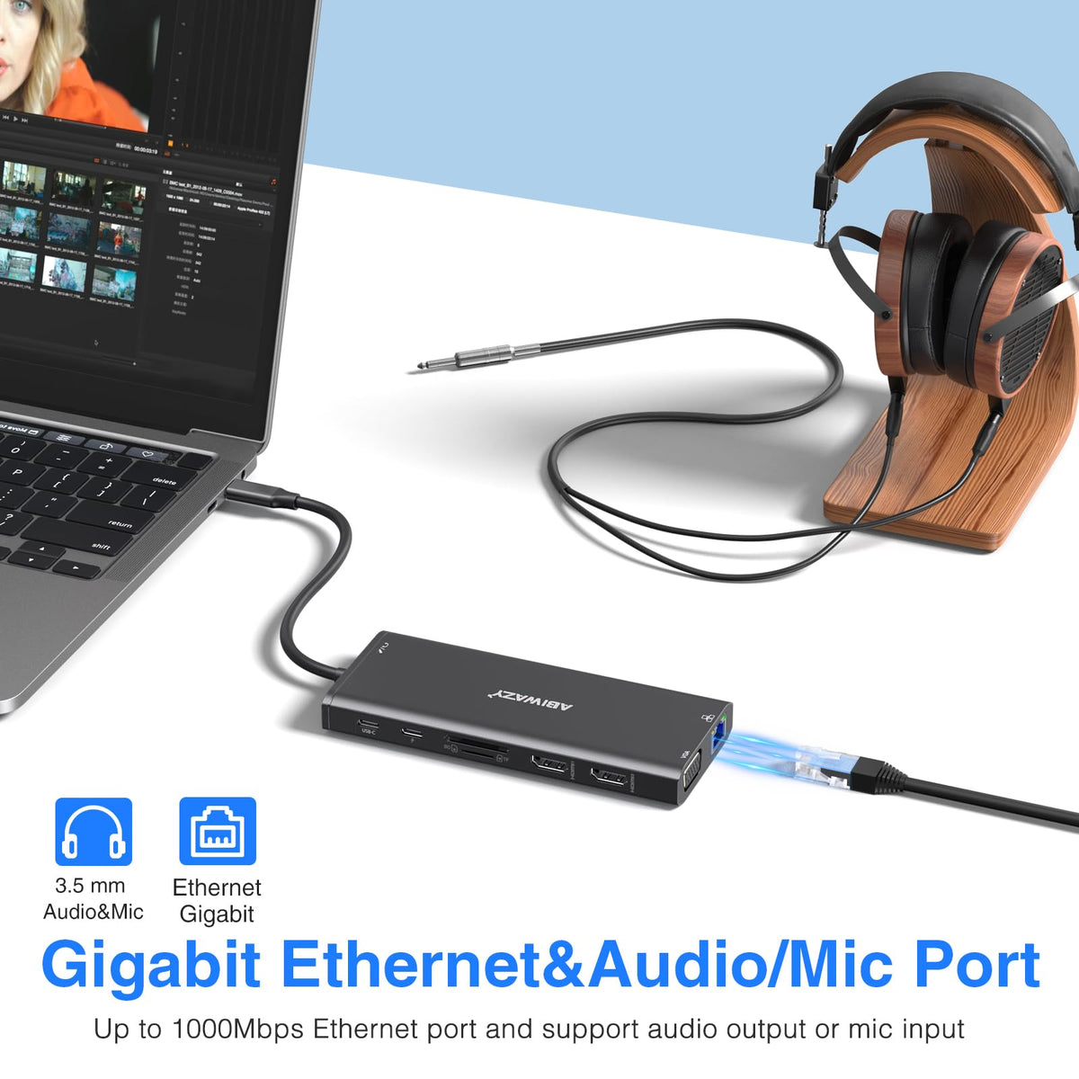 ABIWAZY dock connected to laptop and two monitors for improved productivity