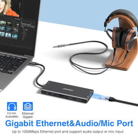 ABIWAZY dock connected to laptop and two monitors for improved productivity