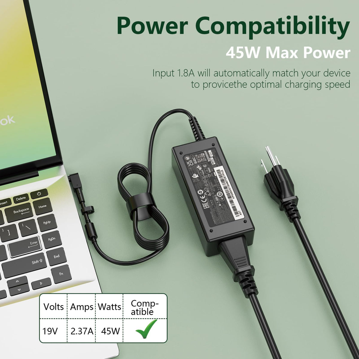 Ablisda 45W Acer charger packaging image highlighting quick setup and safety.