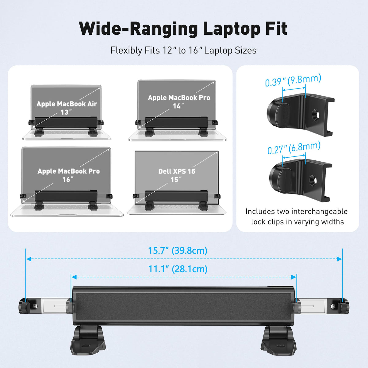 AboveTEK adjustable arms close-up adapting to different laptop widths