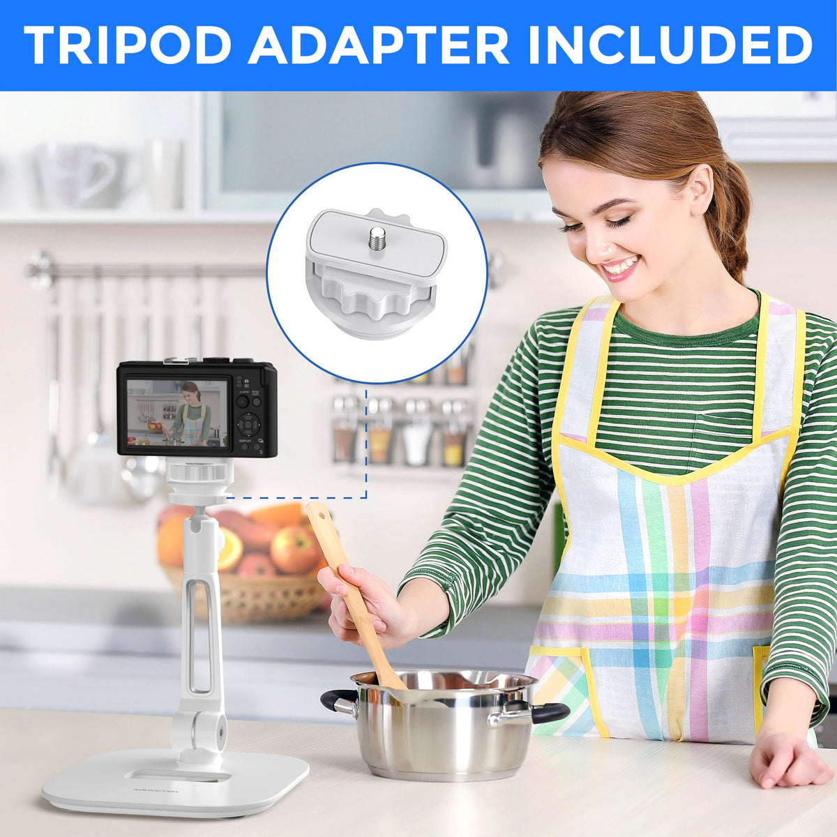 AboveTEK on office desk holding tablet for video calls and productivity benefit