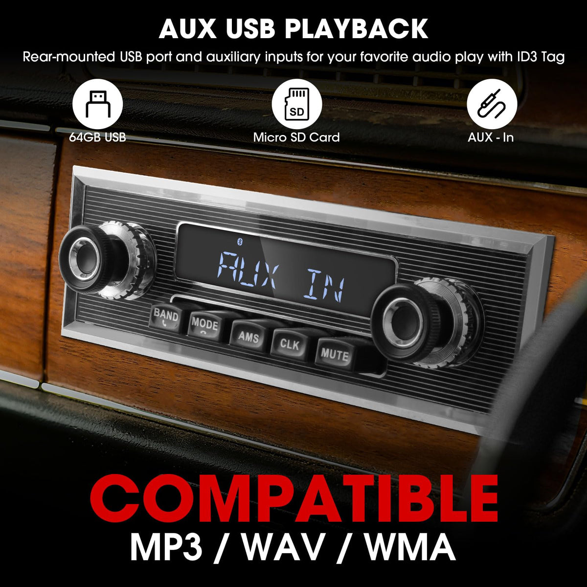 ABSOSO USB/AUX media playback for versatile external devices.