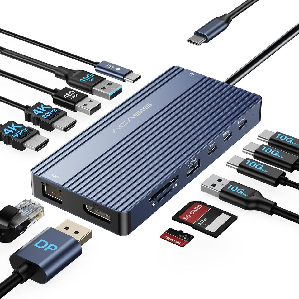 ACASIS dock front view showing all ports and a compact grey finish for desktop organization