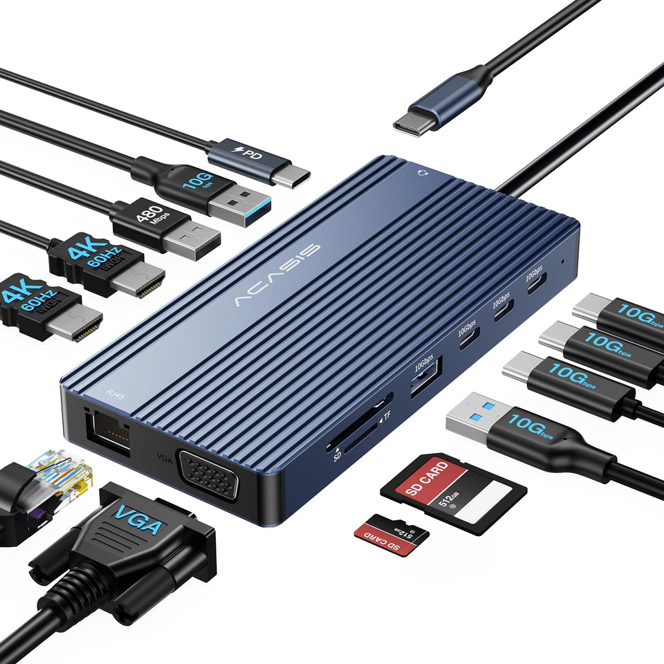 ACASIS docking station front view showing all ports and compact design benefit workspace organization