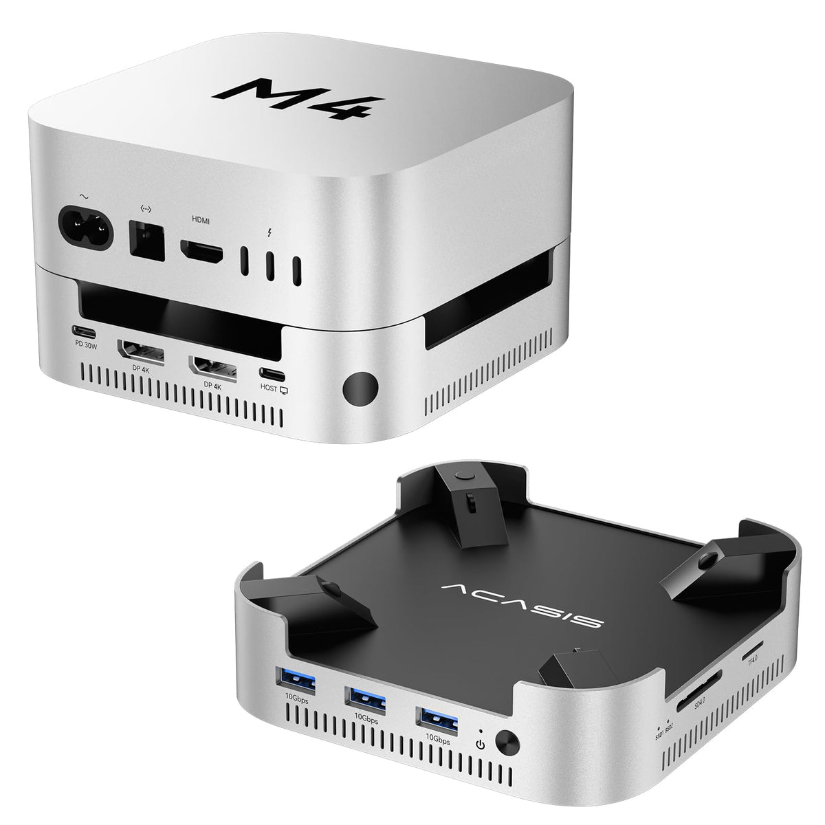ACASIS Mac mini dock front view showing dual NVMe slots for fast storage expansion