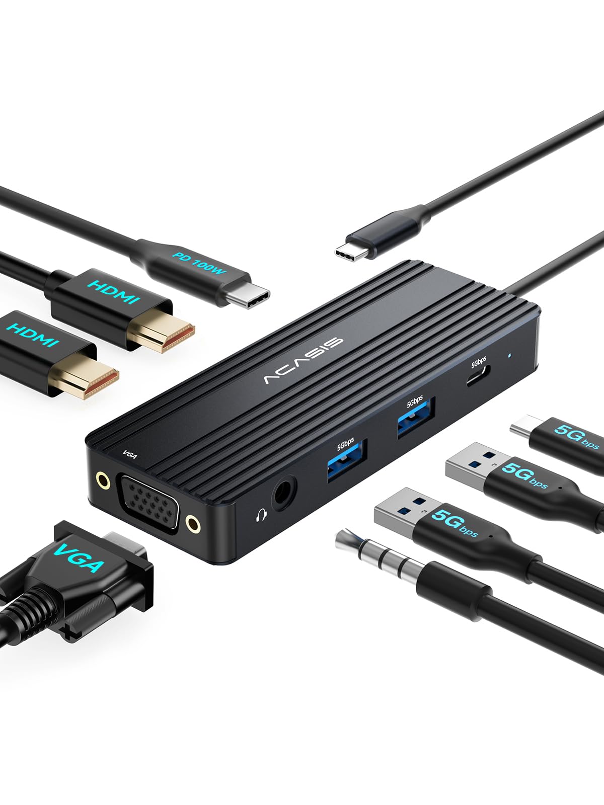 ACASIS USB-C Dock with dual monitor outputs (2 HDMI, VGA) for expanded desktop workflow.