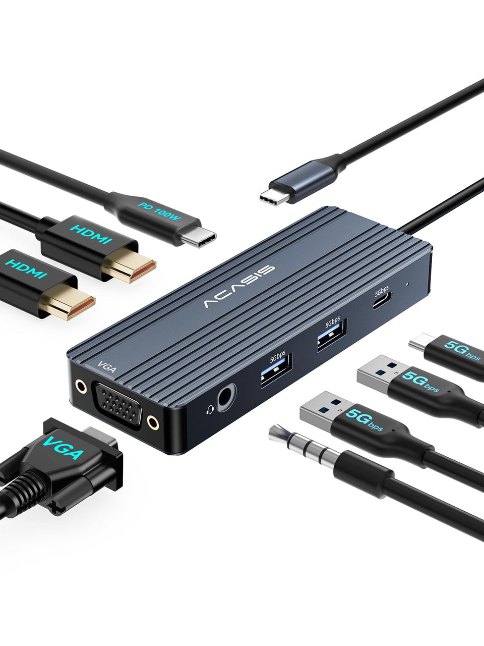 ACASIS USB C docking station with dual monitor setup using HDMI and VGA for expanded workspace.