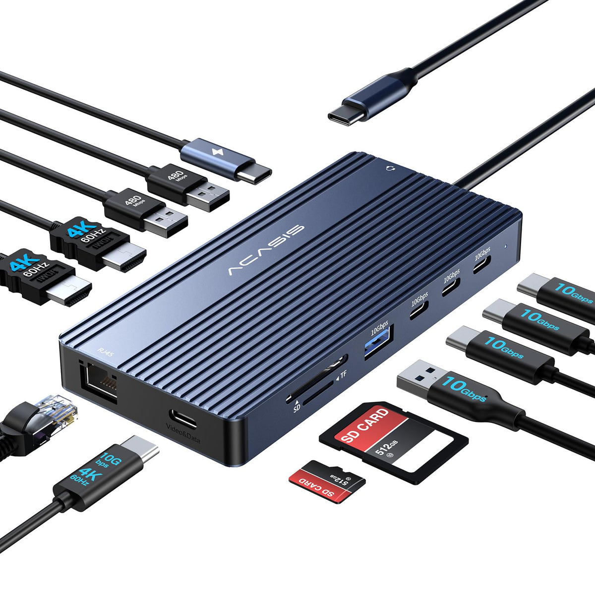 ACASIS USB C Hub top view showing triple HDMI and USB ports for multitasking.