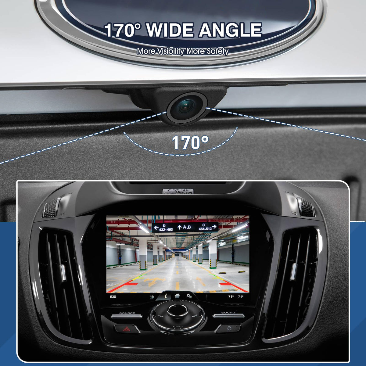 ACAUTO camera wiring connector detail showing plug-and-play fit with original harness