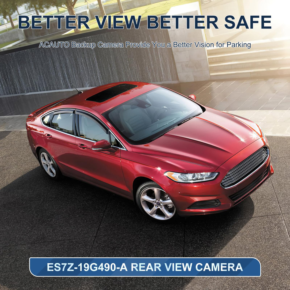 ACAUTO camera pictured on parked Fusion illustrating safer reverse parking benefit