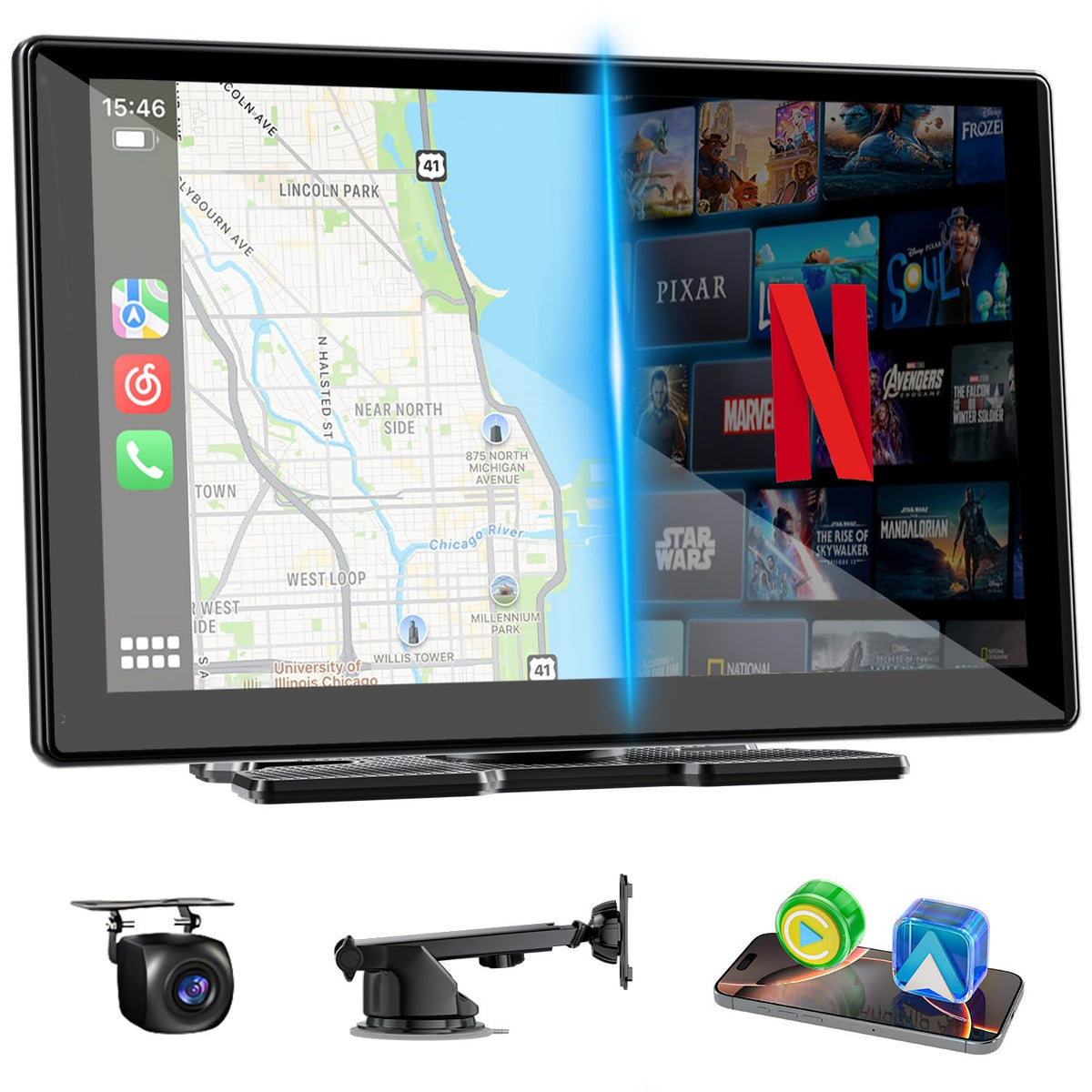 Accfly 9-inch wireless CarPlay screen front view for quick navigation and entertainment.