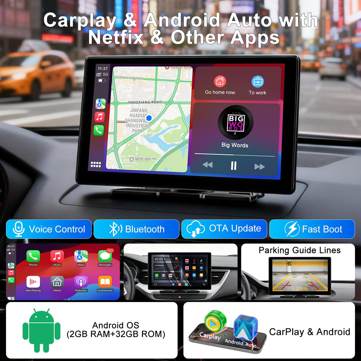 Accfly built-in streaming apps interface shows Netflix, YouTube, and TikTok for on-road leisure.