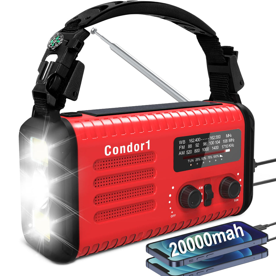Accinouter front view in red showing radio face and speaker, ensuring clear weather alerts