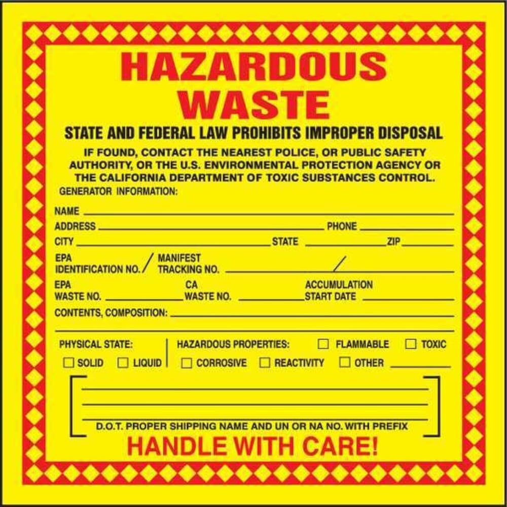 Accuform self-adhesive California hazardous waste label 15cm for clear container labeling.