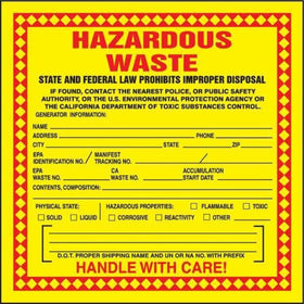 Accuform self-adhesive California hazardous waste label 15cm for clear container labeling.