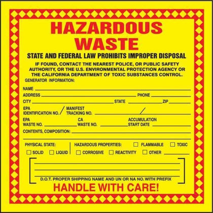 Accuform self-adhesive California hazardous waste label 15cm for clear container labeling.