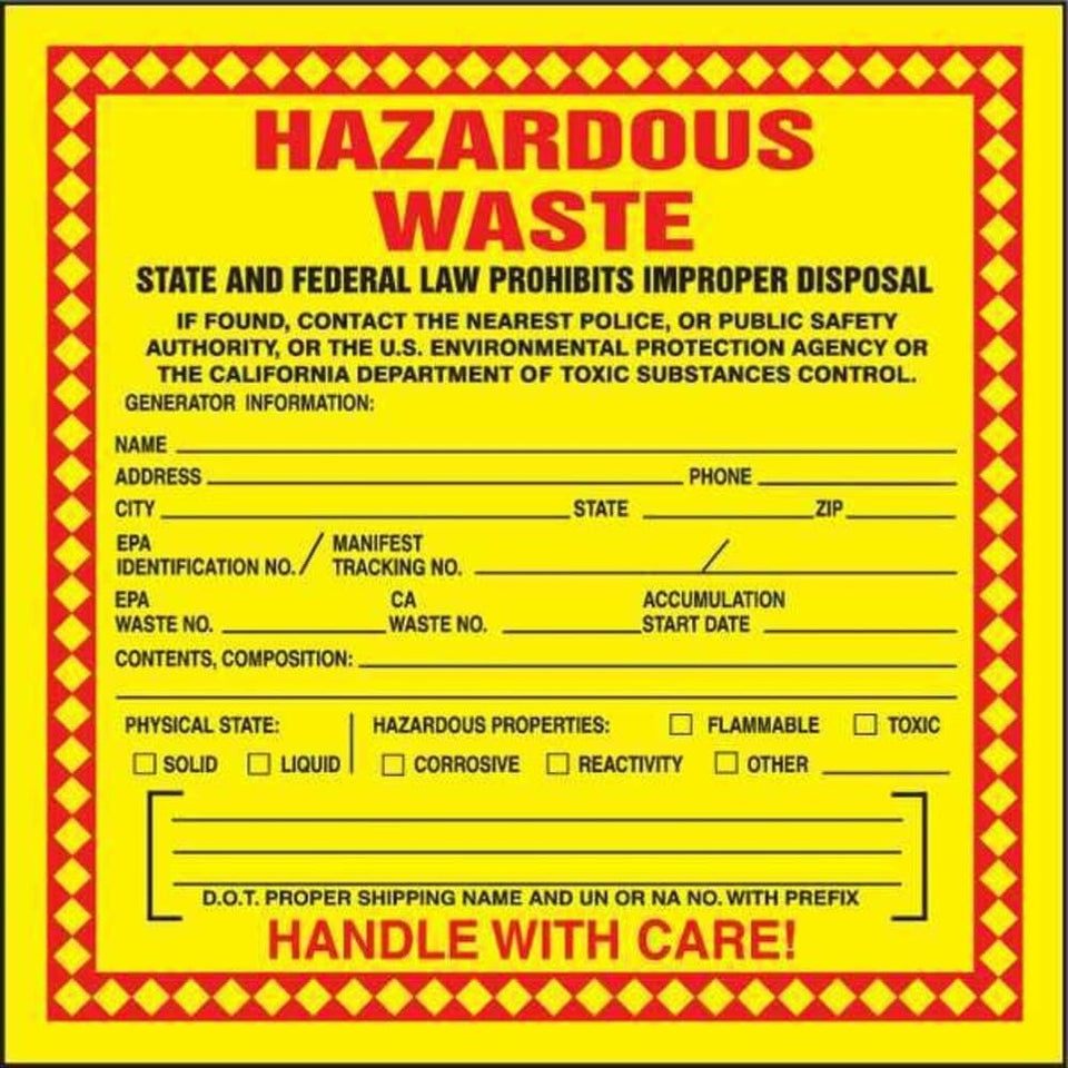 Accuform self-adhesive California hazardous waste label 15cm for clear container labeling.