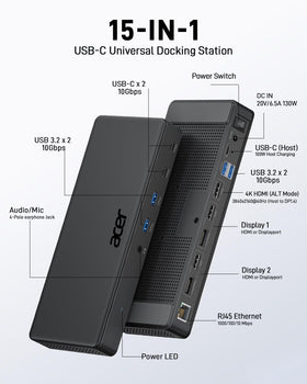 Acer 15-in-1 dock showing 130W power adapter powering laptops efficiently
