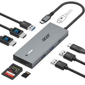 Acer docking station front view showing dual HDMI and USB ports, simplifies multi-monitor setup