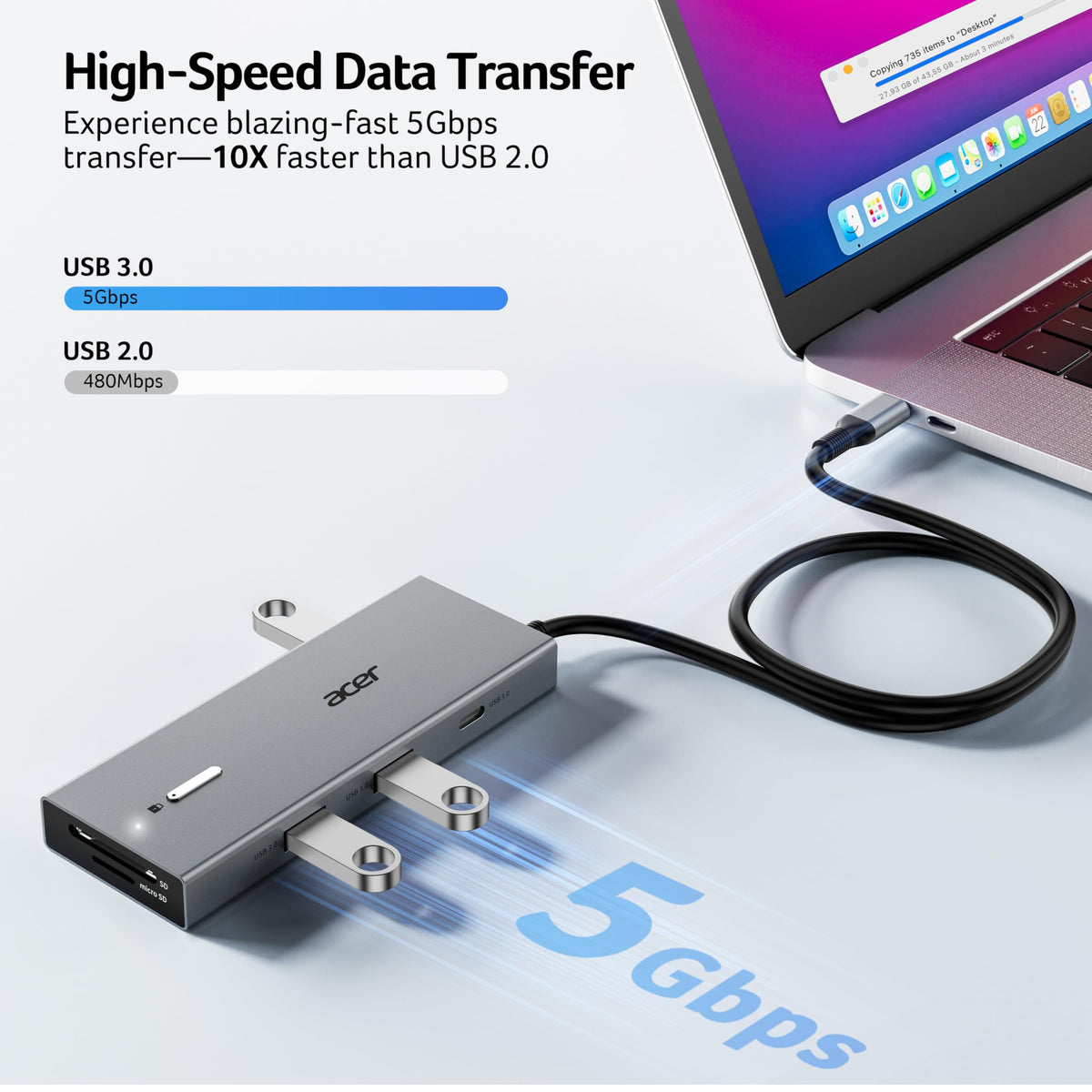 Acer dock powering a laptop while charging to show simultaneous power delivery