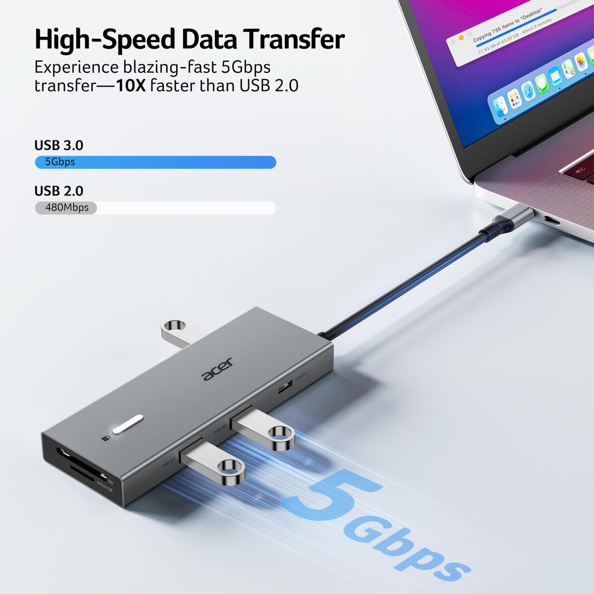 Acer docking station with external 100W PD cable connected, enabling high-speed laptop charging
