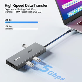 Acer docking station with external 100W PD cable connected, enabling high-speed laptop charging