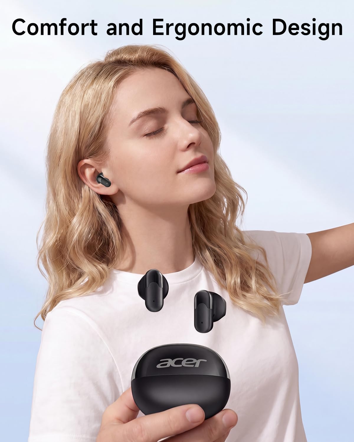 Acer earbuds compact case open revealing battery status and extended playtime benefit portability