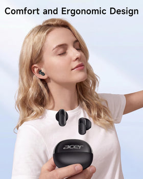 Acer earbuds compact case open revealing battery status and extended playtime benefit portability