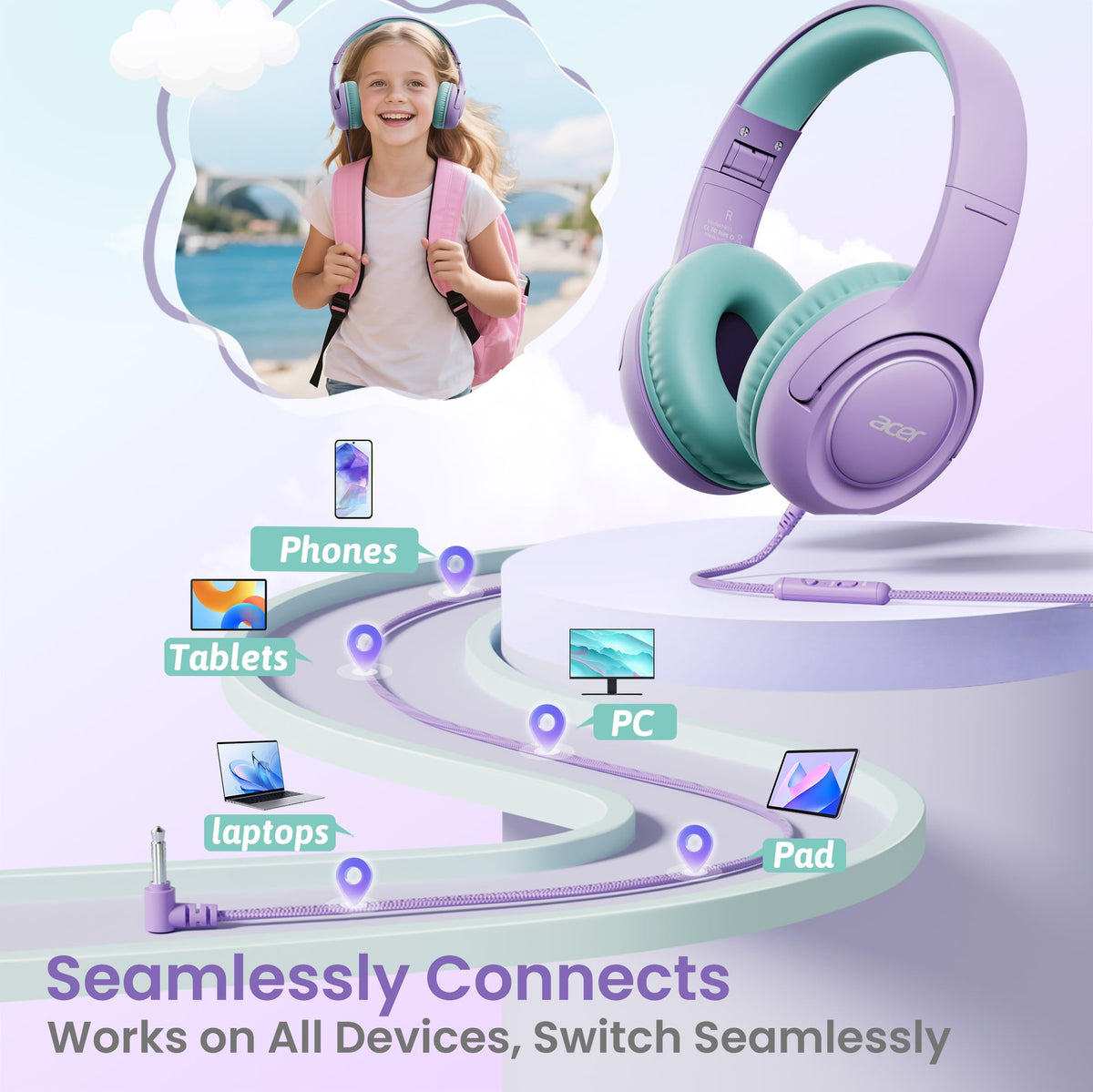 Acer headphones plugged into tablet for easy plug-and-play classroom compatibility