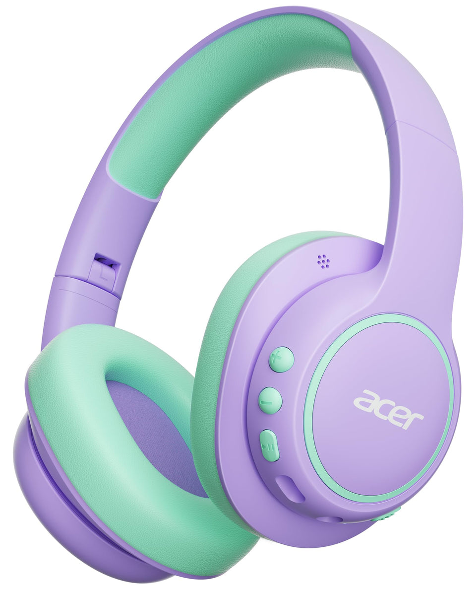 Acer front view showing purple green headphones and clear kid‑friendly design benefit