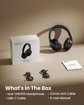 Acer headphones resting on desk beside laptop showing multipoint use and work convenience benefit