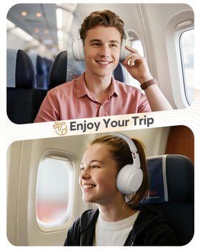 Acer headphones on traveler with laptop conveying work-ready comfort