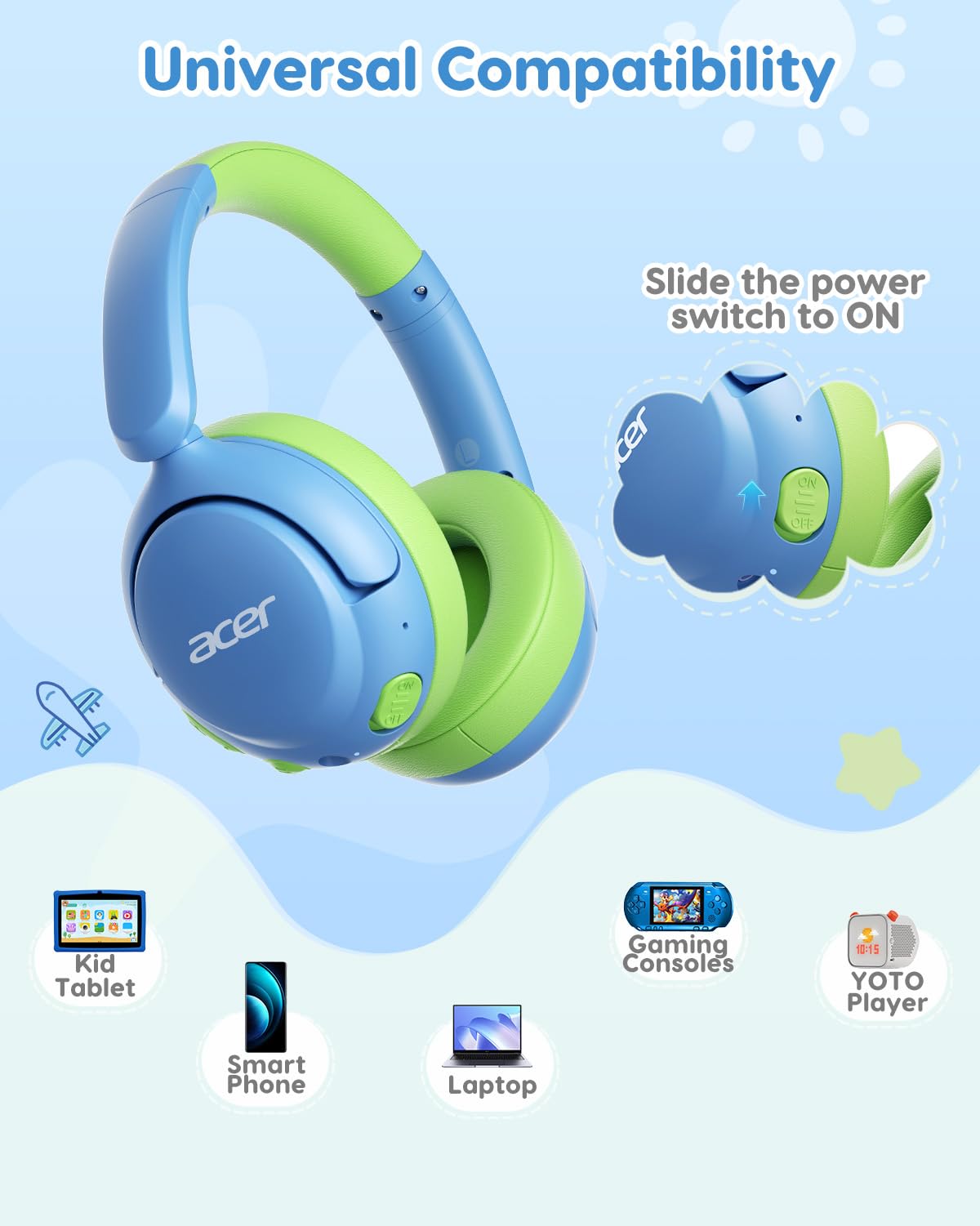 Acer headphones connected with 3.5mm cable for wired listening option