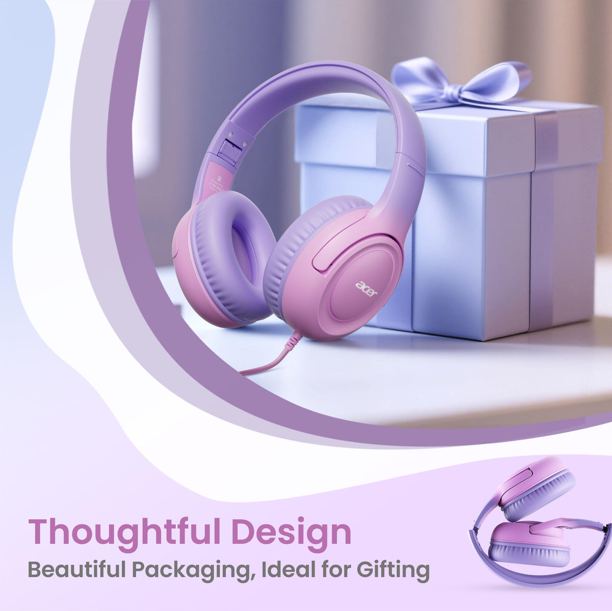 Acer Kids Headphones braided nylon cable resists tangles and bends.