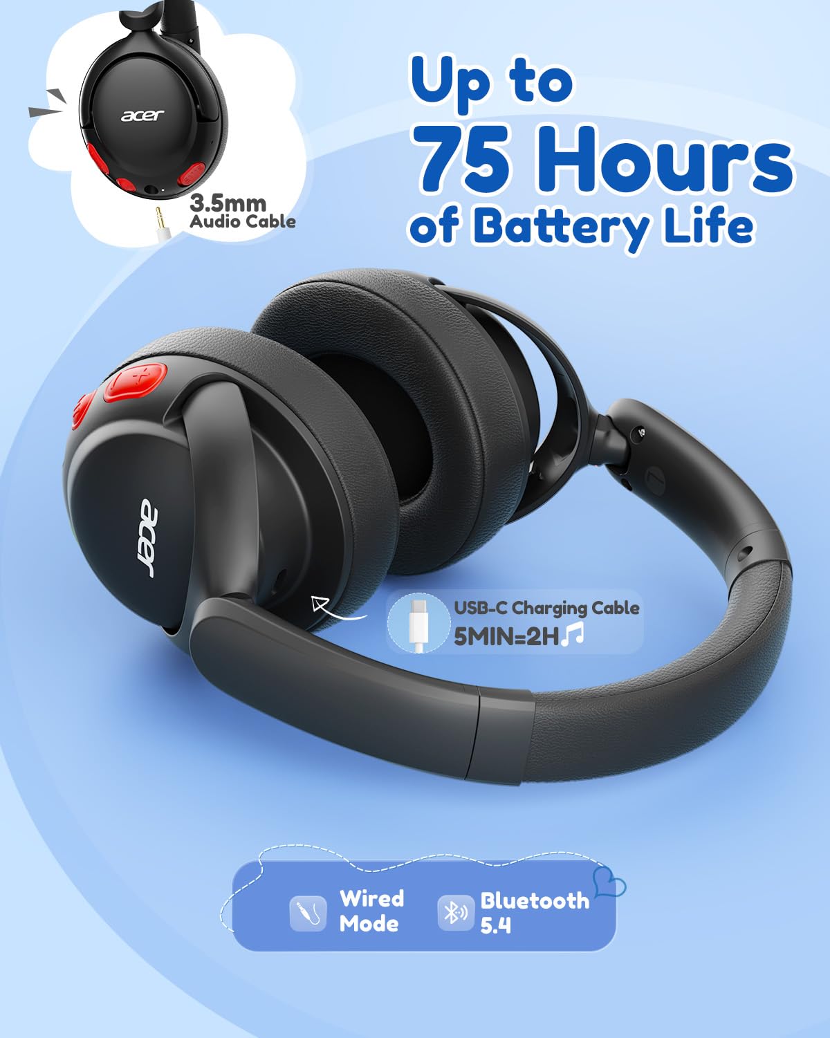 Acer headphones paired with tablet showing Bluetooth 5.4 stable connection benefit