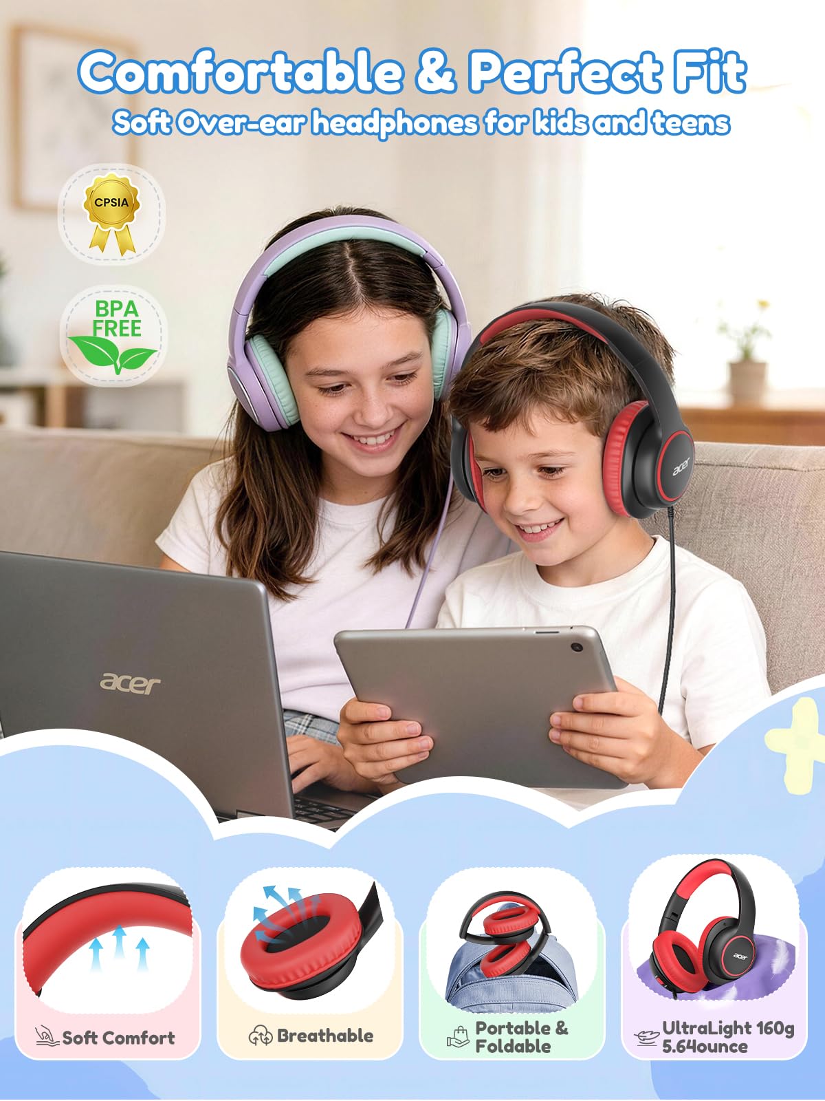 Acer Kids Headphones deliver crystal-clear sound that minimizes distractions in class.