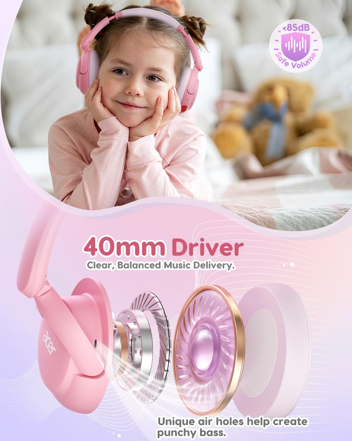 Acer kids headphones folded compact for travel, easy storage and portability