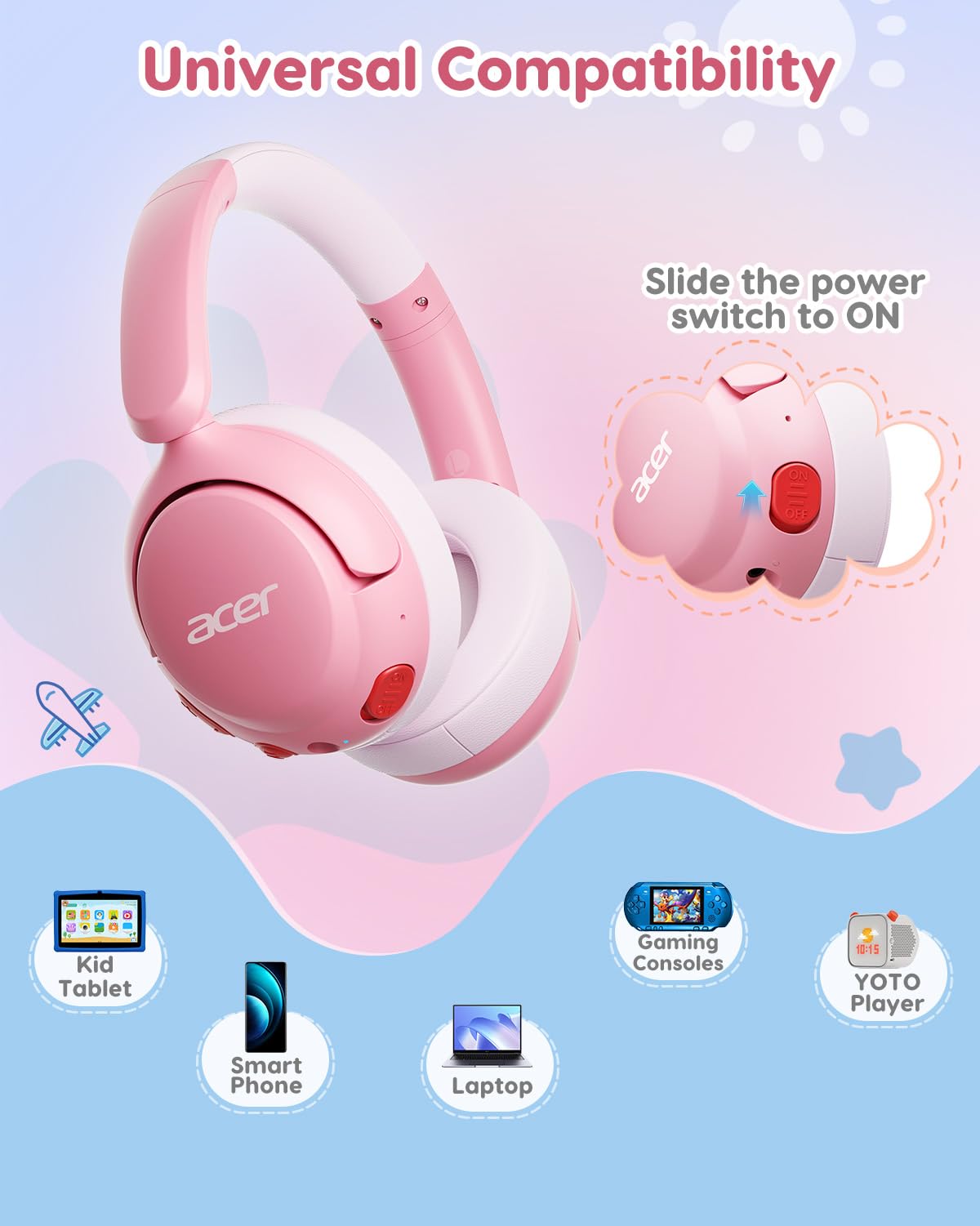 Child wearing Acer kids headphones on plane for travel-friendly long battery life