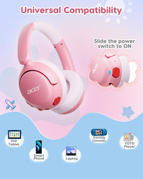 Child wearing Acer kids headphones on plane for travel-friendly long battery life