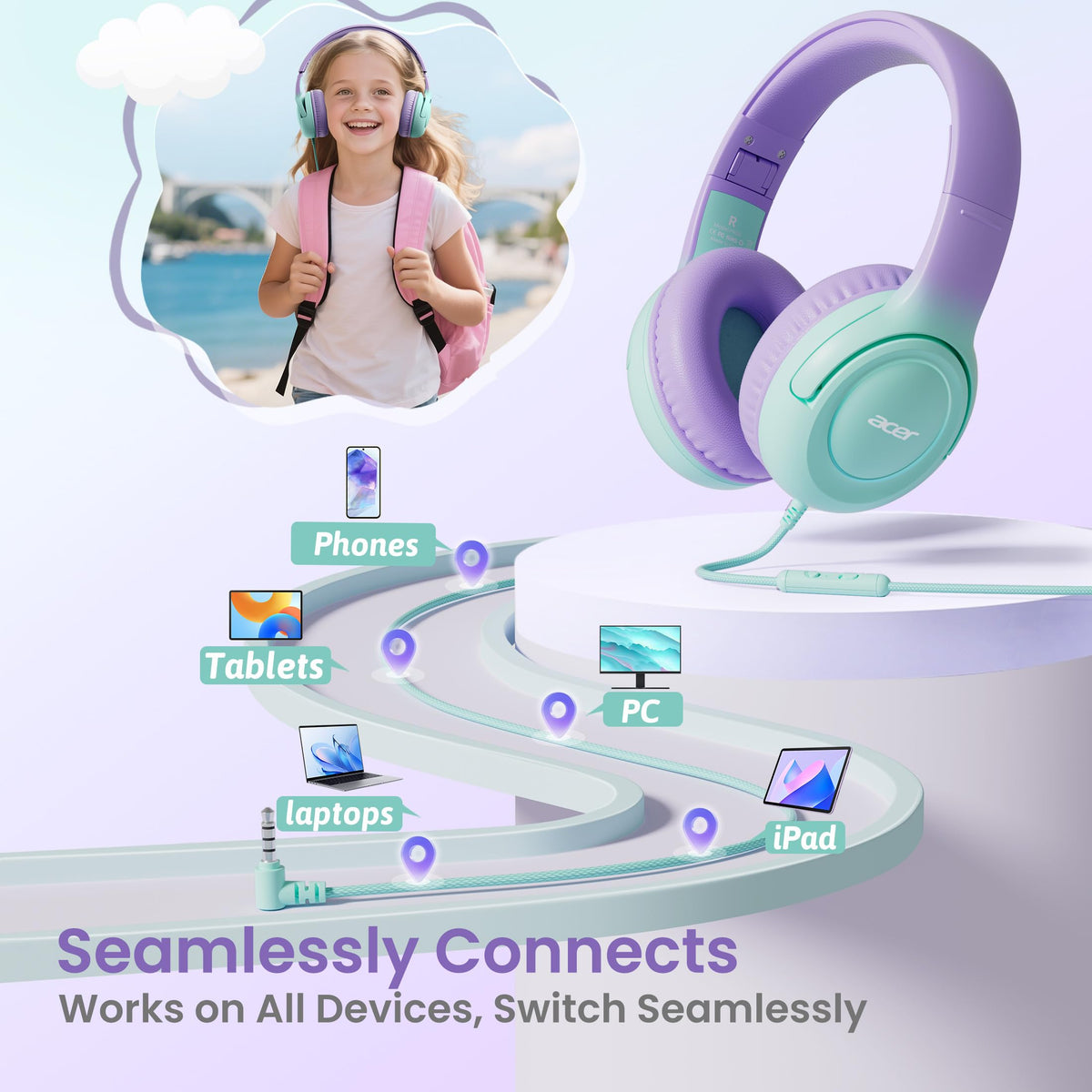 Acer Kids Headphones ultra-soft memory foam cushions for all-day comfort.