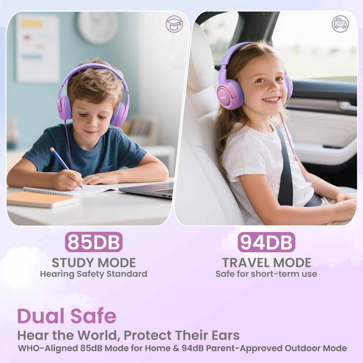 Acer Kids Headphones with memory foam ear cushions for all-day comfort.