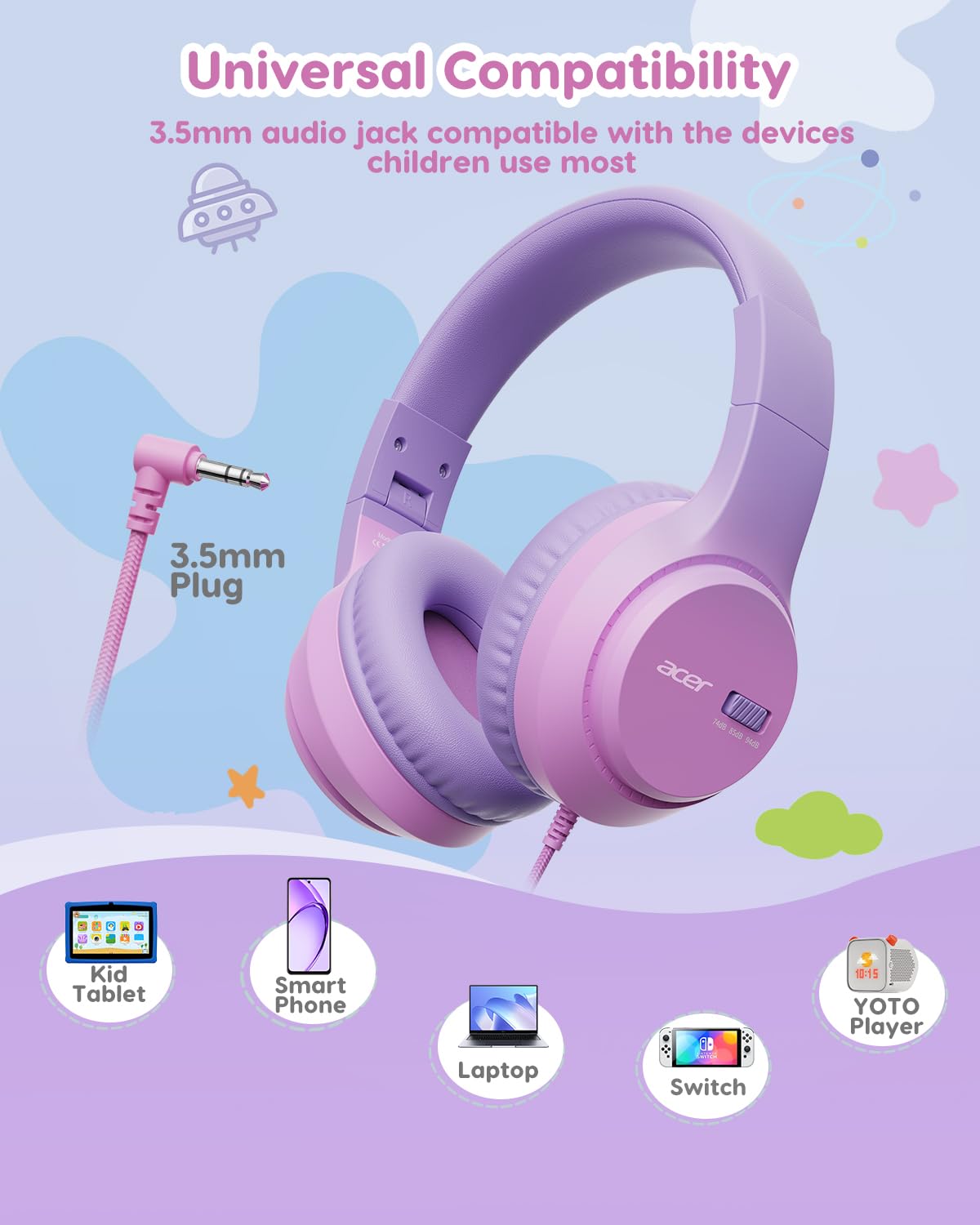 Acer Kids Headphones pink-purple colorway suitable for school and travel.